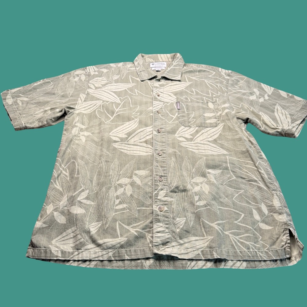 Columbia Hawaiian Shirt Medium Green Floral Leaf Tropical Short Sleeve Button Up